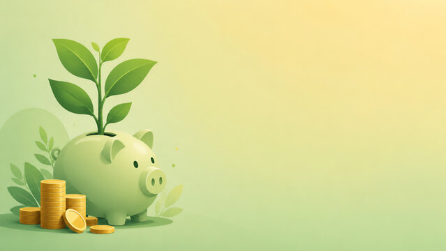 A sprouting plant growing from a piggy bank with coins, funding and subsidy concept, with copy space, flat illustration style
