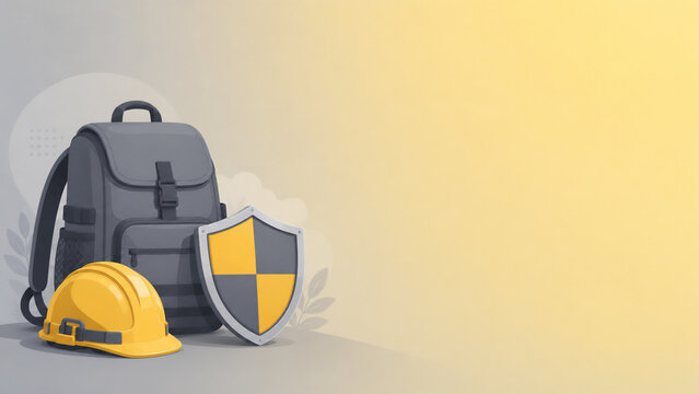 Emergency backpack, helmet and shield, disaster prevention and BCP concept, with copy space, flat illustration style