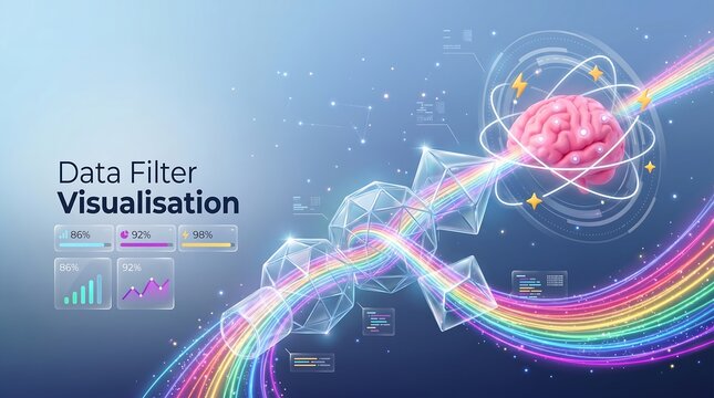 Data filter visualization with rainbow light stream and brain