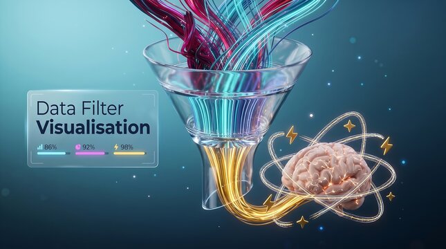 Data filter visualization with glowing brain and abstract funnel