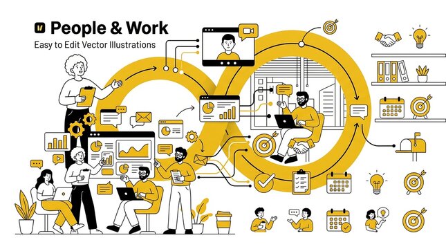 Business workflow and teamwork vector illustration set with infinity loop