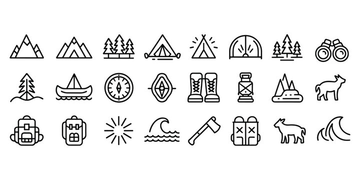Camping and outdoor adventure in black outline style nature mountain in white background
