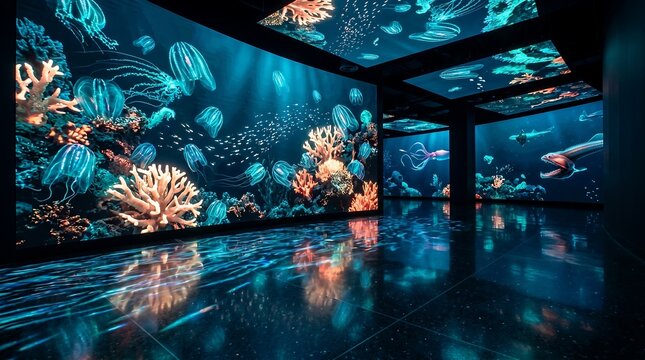 Immersive digital aquarium room with marine life projections