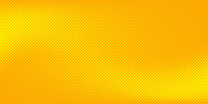 Yellow orange halftone pattern. Retro comic gradient background. Square pixilated dot cartoon texture.