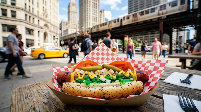 Iconic Chicago Hot Dog with All The Fixings Presented Outdoors With Cityscape and Train Background