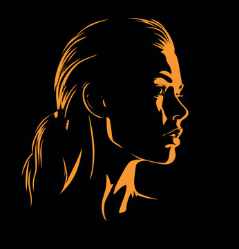 Elegant Vector Illustration of a Woman's Profile in High Contrast Orange and Black Minimalism, Side View Portrait of a Beautiful Young Girl with a Ponytail Hair Style