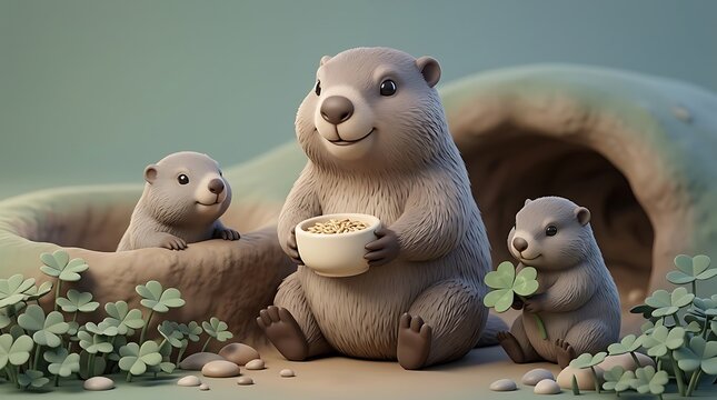 Cute 3d groundhog family near burrow holding a bowl of grain