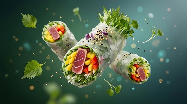 Flying spring rolls with fresh tuna and mango on green background