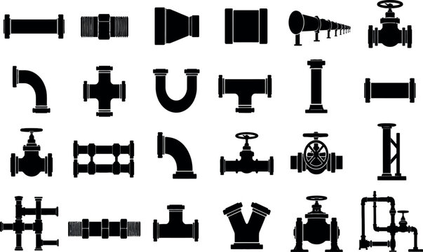 Industrial Pipe Fittings and Valves Silhouette Set, Plumbing Connection Icons, Water Supply System Components, Gas Pipeline Infrastructure Vector Illustration for Engineering Projects.
