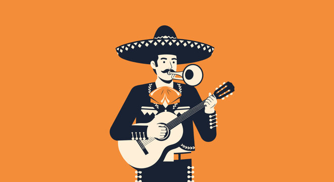 Mexican Mariachi Musician Playing Guitar and Trumpet Illustration
