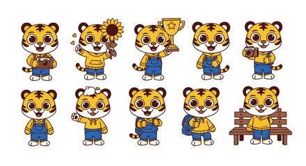 Fototapeta premium Cute baby tiger character mascot set in various poses and activities