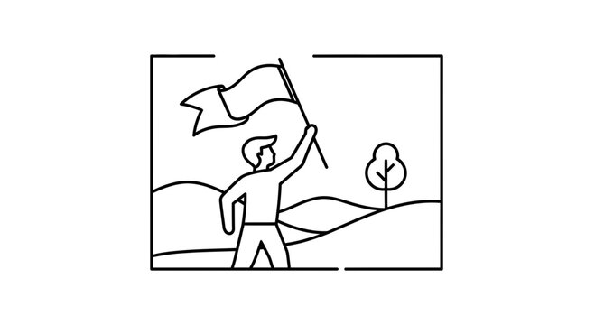 Man holding flag on hill, symbolizing success, achievement, and leadership
