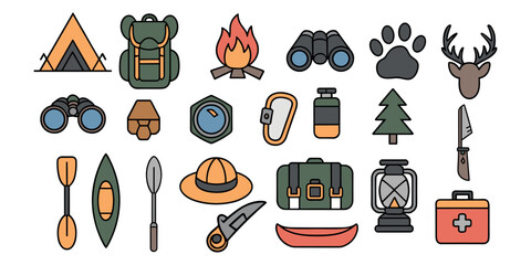 Collection of outdoor camping and adventure equipment hiking tent  in white background  © Tania
