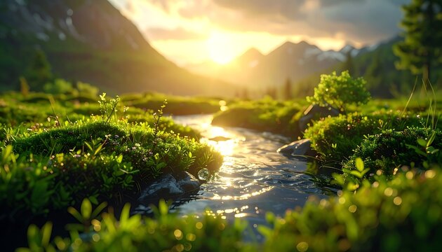 Serene mountain stream at sunset landscape.
