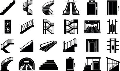 Comprehensive Set of Vector Silhouette Icons for Stairs, Escalators, and Elevators  Includes Spiral Staircases, Moving Walkways, Elevator Buttons, and Various Multi-story Building Stairs. © Sadek