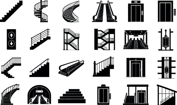 Comprehensive Set of Vector Silhouette Icons for Stairs, Escalators, and Elevators; Includes Spiral Staircases, Moving Walkways, Elevator Buttons, and Various Multi-story Building Stairs.
