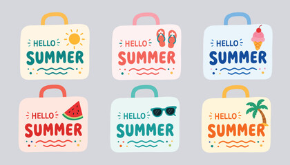 Summer Travel Luggage Tags Collection with Seasonal Vacation Greetings and Tropical Elements © MdWahidurRahman