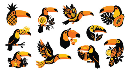 Obraz premium Collection of Stylized Toucan Illustrations with Tropical Fruits and Leaves.
