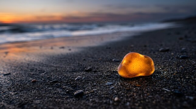 Glowing amber stone resting on dark beach sand at dramatic sunset