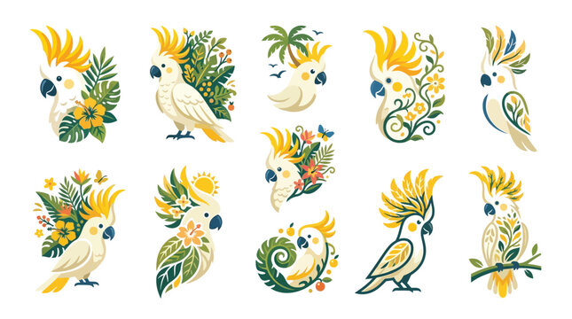 Collection of stylized illustrations of white cockatoo parrots adorned with tropical leaves and flowers.