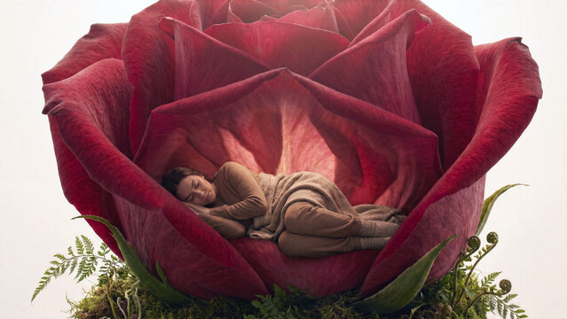 Botanical surrealism of a person sleeping comfortably nestled deep inside a monumental unbloomed red rose bud
