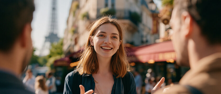  Jeune guide touristique fran&ccedil;aise souriante racontant l'histoire &agrave; des touristes dans une rue de Paris. Concept de voyage et de d&eacute;couverte des villes historiques en Europe