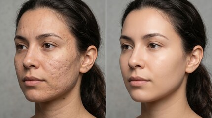 Fototapeta premium Acne scar treatment before and after comparison young woman with radiant clear skin