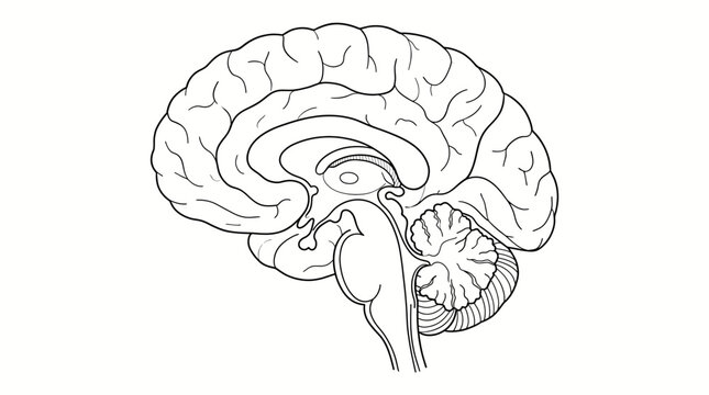Detailed sagittal view of human brain anatomy in line art. Vector illustration. Isolated on a white background