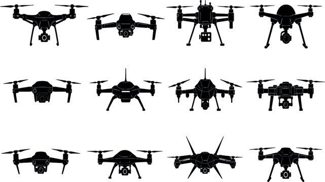 Set of Vector Drone Silhouettes: Professional Quadcopters and UAV Collection for Aerial Photography, Videography, and Technology Design Concepts Isolated on White Background