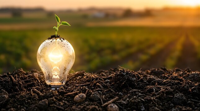 Glowing light bulb with sprout growing in soil at sunset for ecology concept