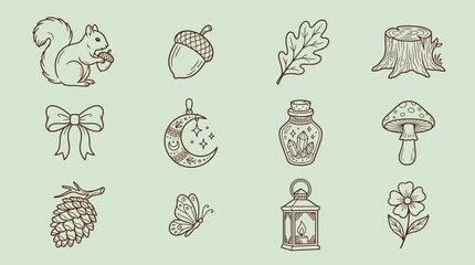 A collection of whimsical forest-themed icons including a squirrel, acorn, oak leaf, tree stump, bow, moon, potion bottle, mushroom, pinecone, butterfly, lantern, and flower. © KN collection