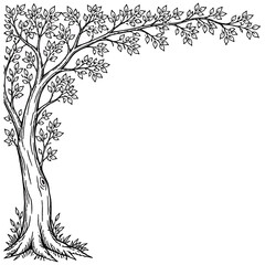 Fototapeta premium Hand-drawn black-and-white illustration of a tall leafy tree with arching branches framing a large open space for text or design.