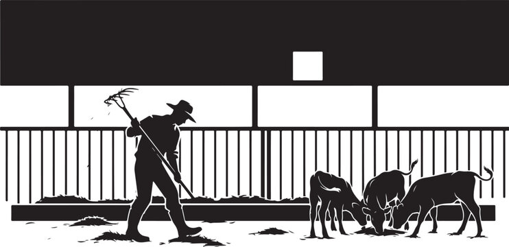 Farmer raking hay for calves in barn silhouette pitchfork