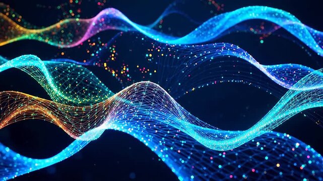Abstract vibrant waves of light particles flowing in a digital futuristic cosmic network with glowing bokeh effects