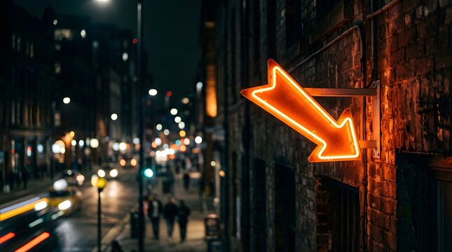Glowing neon arrow sign pointing down on a city street at night