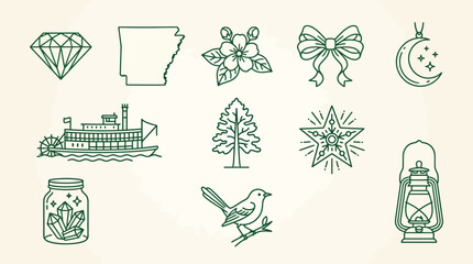 Fototapeta premium Collection of Line Art Icons Representing Arkansas State Symbols and Elements.
