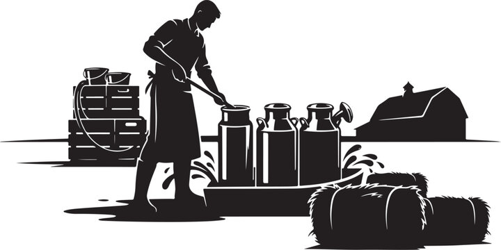 Farmer stirring milk cans with barn and hay bales