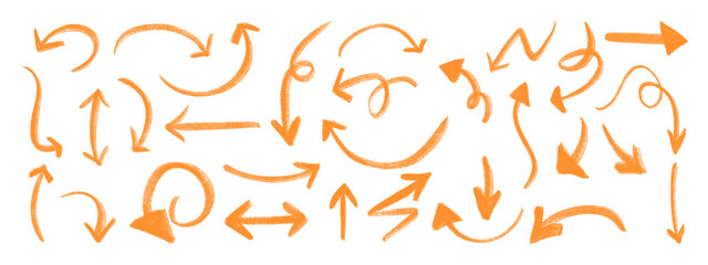 Hand drawn doodle set of orange arrows pointing in different directions © Rahima