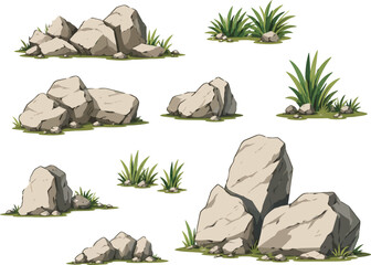 Collection of Detailed Vector Rock and Grass Elements for Landscape Design, Featuring Various Stone Shapes, Boulders, and Green Grass Tufts Isolated on White Background for Game Assets. © Sadek