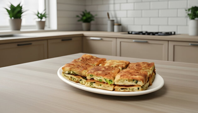 Martabak Telur Indonesian Savory Egg Pancake in a white plate on a Scandinavian style kitchen table