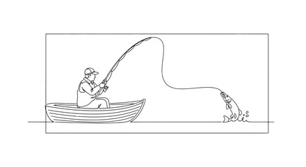 Obraz premium Fisherman in boat catches jumping fish with fishing rod, line taut, splashing water