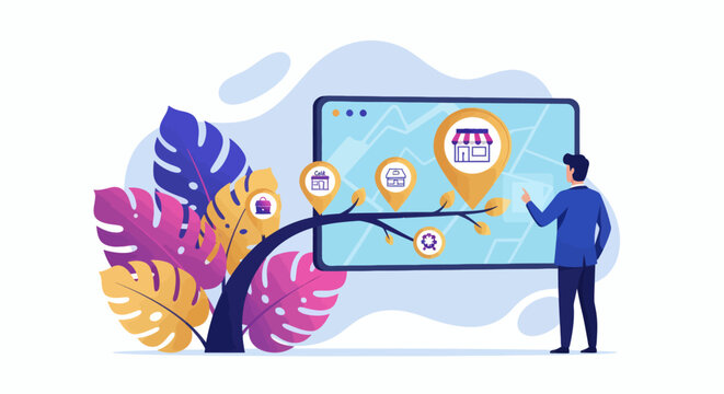 Businessman finding franchise shop locations on digital map for business expansion vector illustration