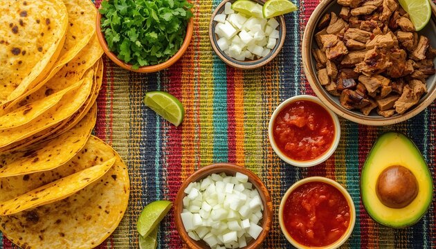 Taco Fiesta Spread: A vibrant overhead view showcases a delicious spread of taco ingredients, including tortillas, chopped onions, fresh cilantro, diced tomatoes, avocado, and salsa.