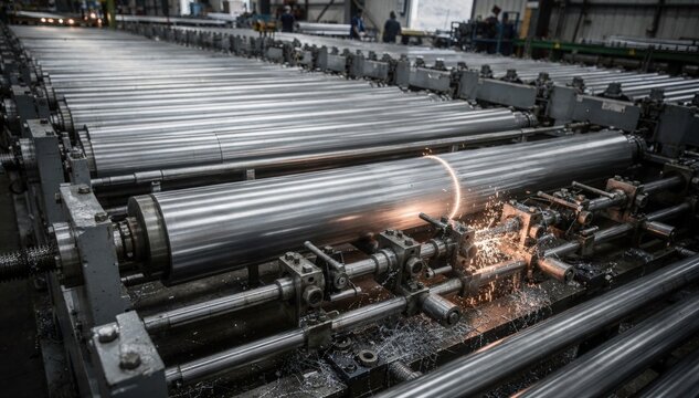Medium shot of round steel bars being aligned and trimmed to specified lengths on a highcapacity straightening line emphasizing precision and metal manufacturing workflow.