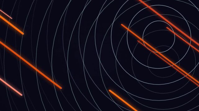 Abstract technological background with glowing orange diagonal lines and gray concentric circles moving over a dark screen.