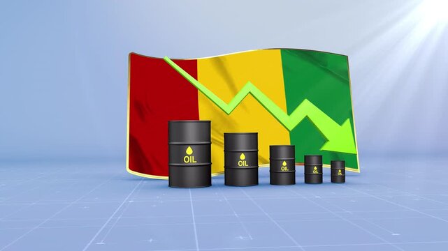Guinea Oil Price Falling with Oil Barrels Downward Green Arrow and 3D Financial Data Visualization Graphs for Economy and Business Concept