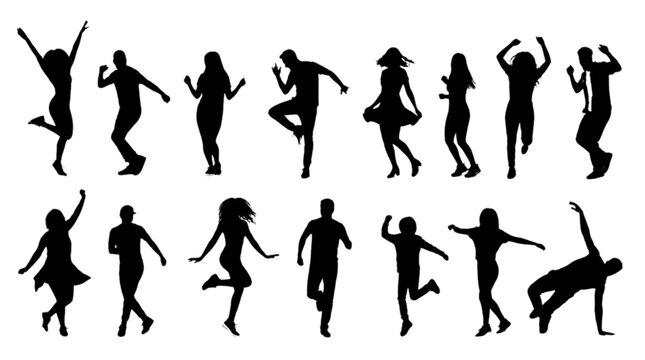 Silhouette people dancing in various fun poses isolated on transparent background, Vector