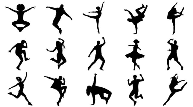 Diverse silhouettes of dancers in dynamic poses isolated on transparent background, Vector