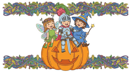 Fototapeta premium Cute Halloween Kids: Fairy, Knight, Witch on Pumpkin, Festive Border
