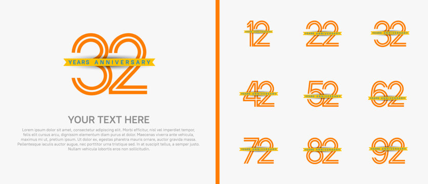 anniversary logo set with yellow ribbon. orange number on white background for celebration moment